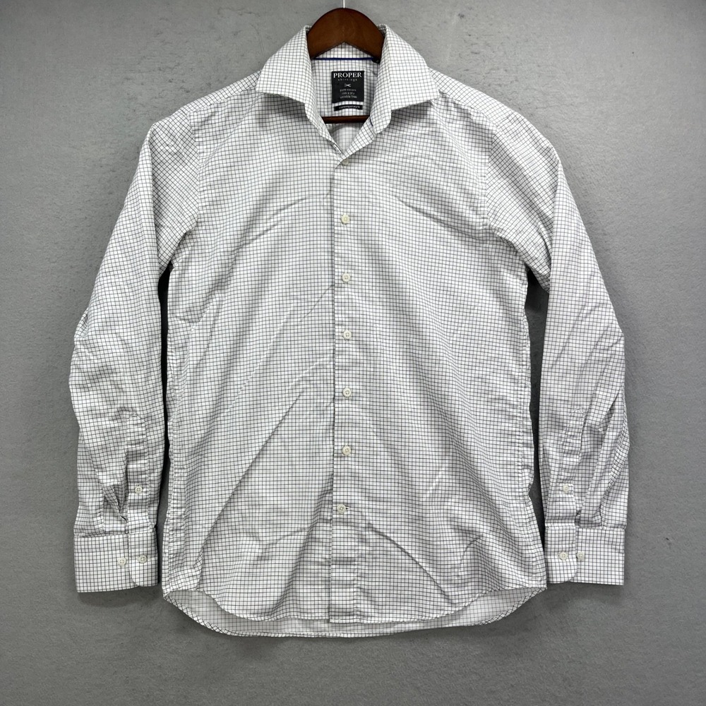 Proper Cloth Shirtings Mens 15.5 34/35 White Grid Contemporary Fit Cotton Formal